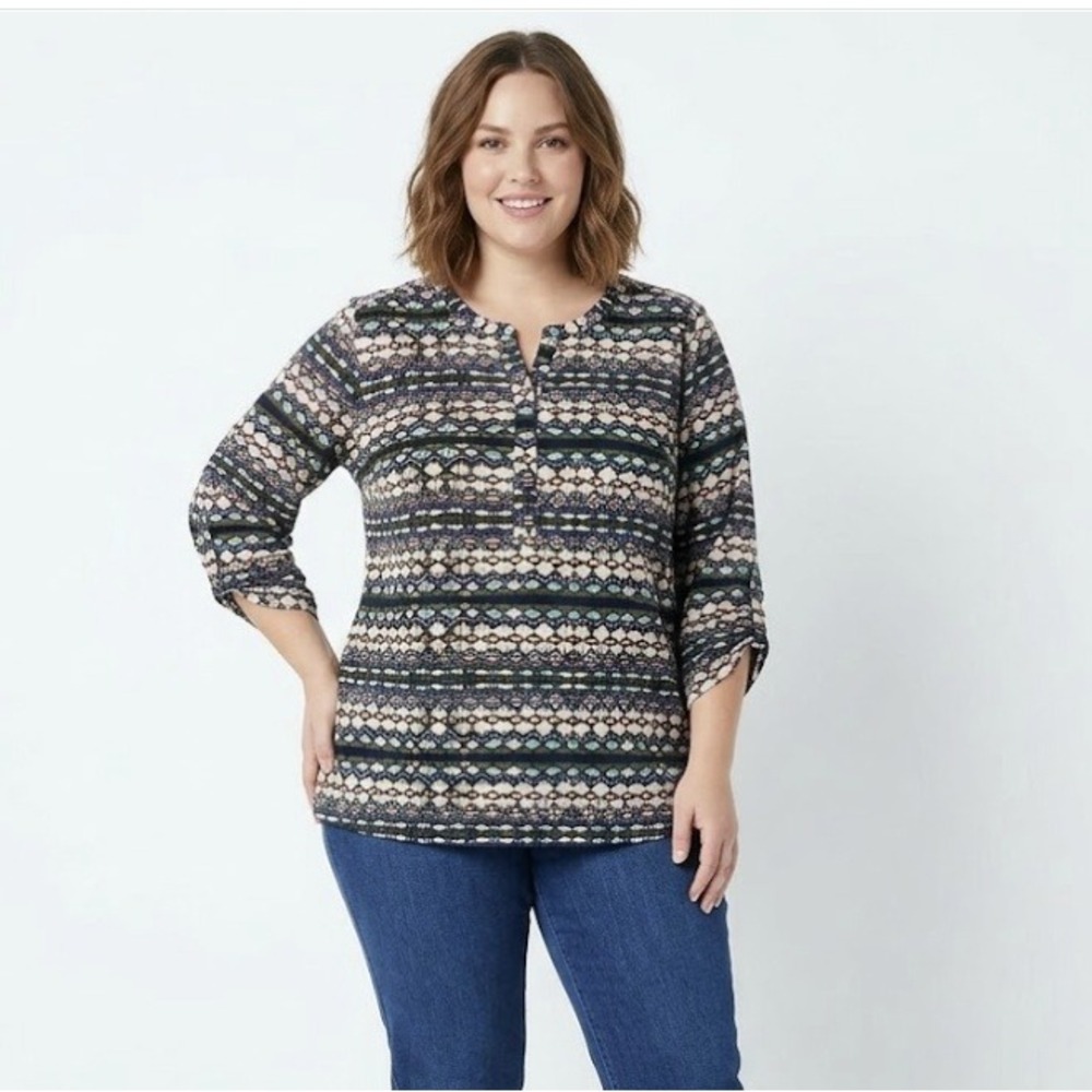 Van Heusen Womens sz XXL Multi Color Split Neck Rolled Sleeve Popover Top Office